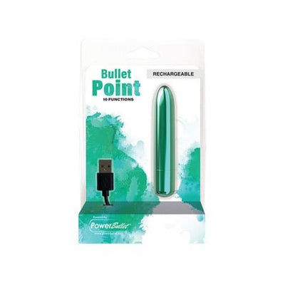 Teal rechargeable bullet vibrator with pointed tip and USB charging cable in clear retail packaging.