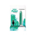 Teal rechargeable bullet vibrator with pointed tip and USB charging cable in clear retail packaging.