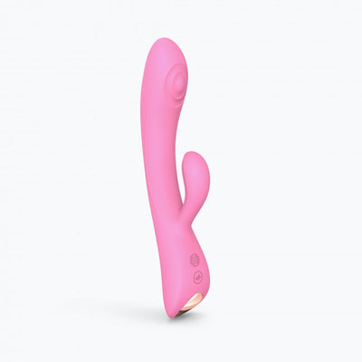 Pink dual stimulator with ergonomic design, featuring separate clitoral and internal arms and control buttons on the handle.