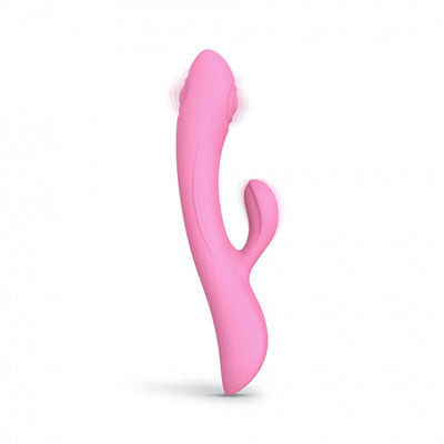 Pink dual stimulator with curved design and smaller external arm, made of smooth silicone.