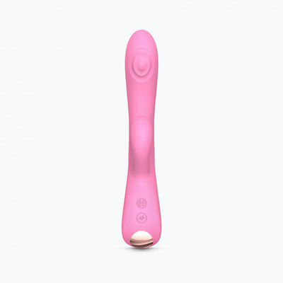 Pink dual stimulator with ergonomic design, featuring separate clitoral and internal stimulation areas and control buttons.