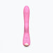 Pink dual stimulator with ergonomic design, featuring separate clitoral and internal stimulation areas and control buttons.