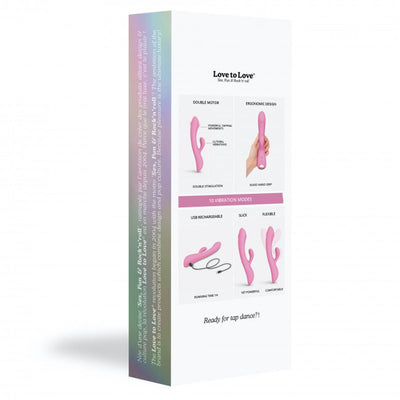 Packaging box of Bunny & Clyde Dual Stimulator showing product features and ergonomic design in pink color.