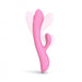 Pink dual stimulator with curved design and flexible clitoral arm shown with motion effect on white background.