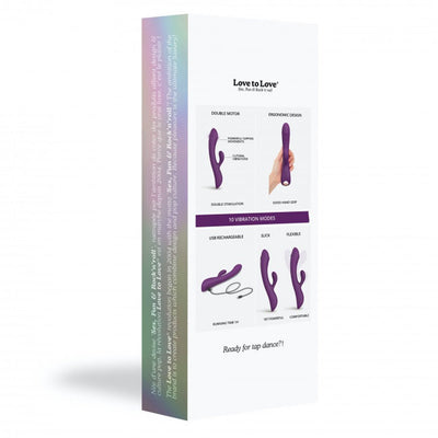 Packaging box of Bunny & Clyde Dual Stimulator showing product features and ergonomic design in purple color.