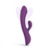 Purple dual stimulator with ergonomic curved design and flexible clitoral arm, shown with motion effect on white background.