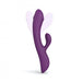 Purple dual stimulator with ergonomic curved design and smaller external arm, shown with motion effect on white background.