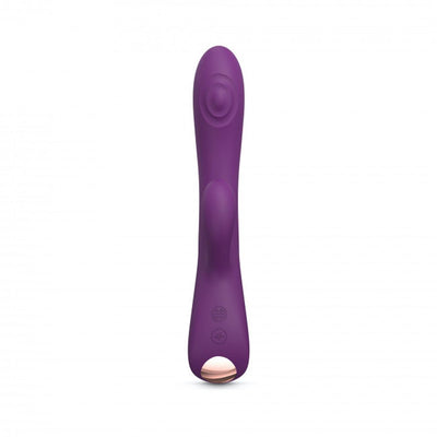 Purple dual stimulator with ergonomic design, featuring separate clitoral and internal sections and control buttons on the handle.