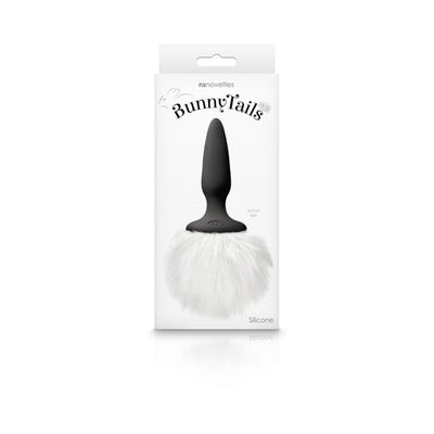 Black silicone butt plug with a soft white fluffy bunny tail in clear retail packaging.