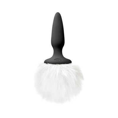 Black silicone tapered butt plug with a soft, fluffy white bunny tail attached.