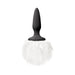 Black silicone tapered butt plug with a soft, fluffy white bunny tail attached.