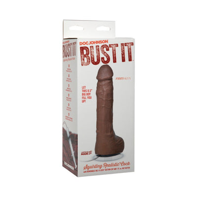 Packaging box of Doc Johnson Bust It squirting realistic dildo in brown with suction cup base and included Nut Butter.