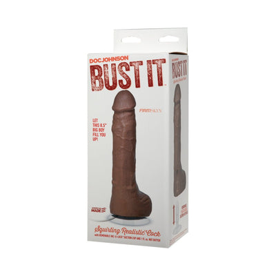Packaging of a realistic 8.5-inch squirting dildo in brown with suction cup base by Doc Johnson.