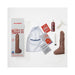 Realistic brown squirting dildo with suction base, packaging, care guide, nut butter, and accessories on white background.