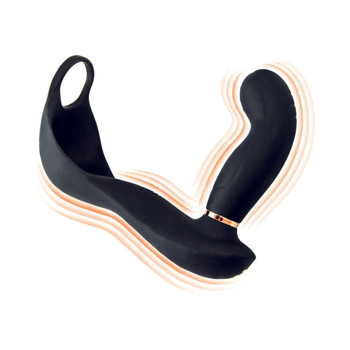 Black ergonomic P-spot massager with curved design and finger loop, made of smooth silicone.