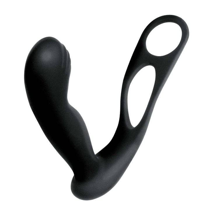 Black silicone prostate massager with dual rings and ergonomic curved design.