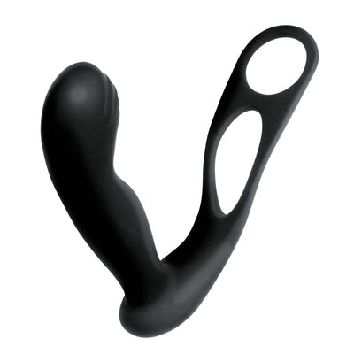 Black silicone prostate massager with dual rings and ergonomic curved design.