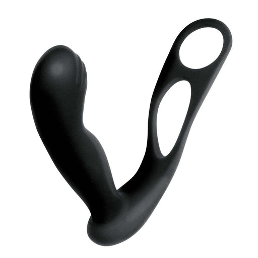 Black silicone prostate massager with dual rings and ergonomic curved design.