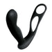 Black silicone prostate massager with dual rings and ergonomic curved design.