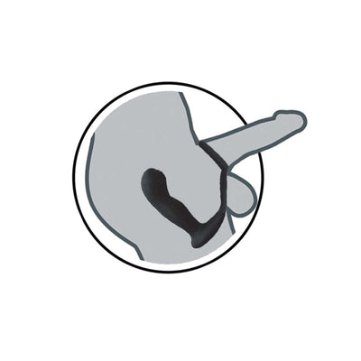 Diagram showing the placement of a black silicone prostate massager with scrotum support on a male anatomy illustration.