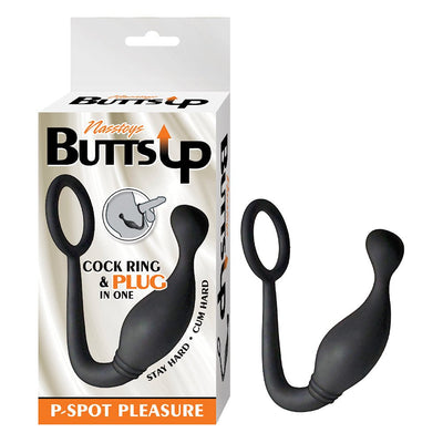 Black silicone 2-in-1 P-spot pleasure cock ring and plug with ergonomic curved design next to its packaging box.