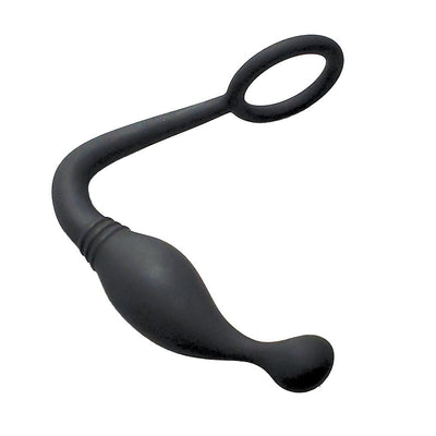 Black silicone P-spot stimulator with flexible shaft and attached cock ring for dual pleasure and support.