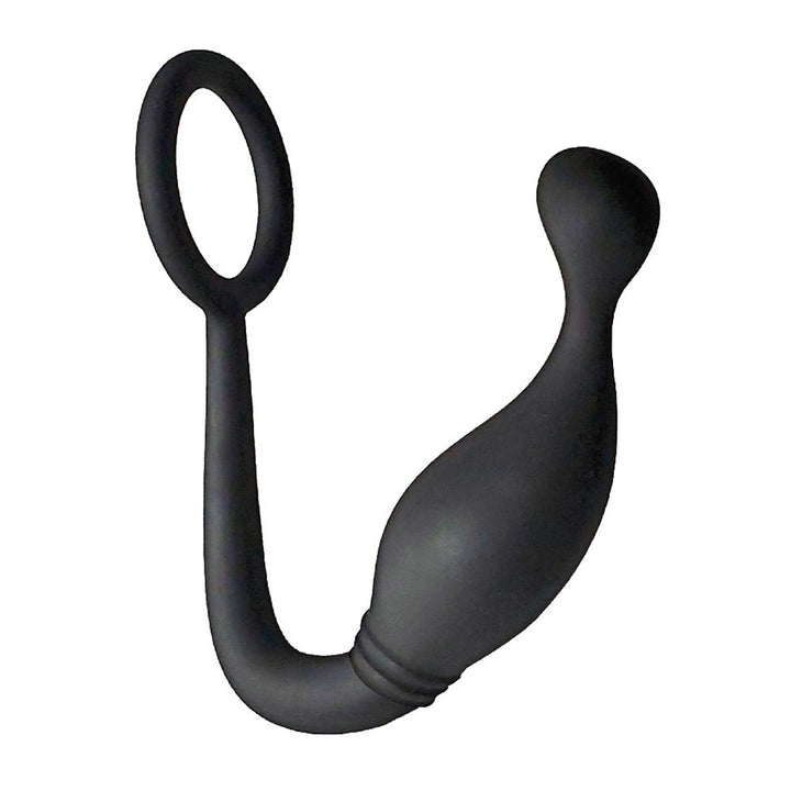 Black silicone prostate plug with attached flexible cock ring for dual stimulation and erection support.