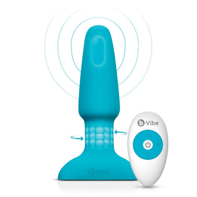 Blue silicone rimming plug with rotating beads and wireless remote control for customizable stimulation.