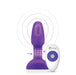 Purple B-Vibe Rimming Petite Plug with rotating beads and white wireless remote control on white background.