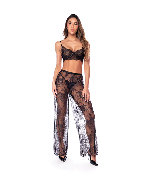 Underwire Lace Bra, Lace Wide Leg Pants, & Thong 3 pc Set - Black XL