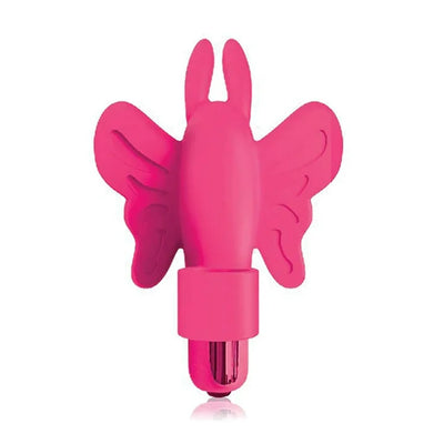 Pink silicone butterfly-shaped finger vibrator with textured wings and compact bullet design.
