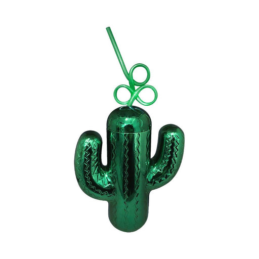 Metallic green cactus-shaped cup with textured design and curly green straw, 19-ounce capacity for drinks.