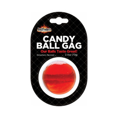 Strawberry flavored candy ball gag in black packaging with bold white and red text, 2.4oz size.