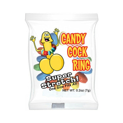 Package of Candy Cock Ring featuring colorful candy beads and playful cartoon design with super stretch elastic band.