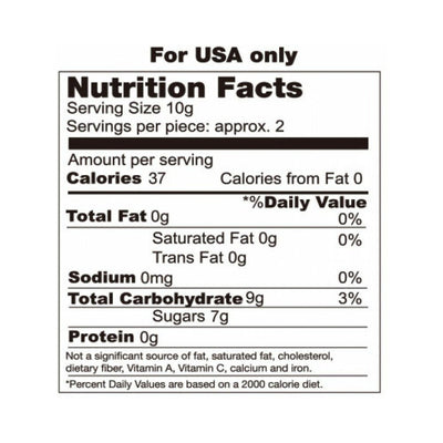 Nutrition facts label for Candy Cock Ring showing 37 calories, 0g fat, 9g carbohydrates, and 7g sugars per serving.