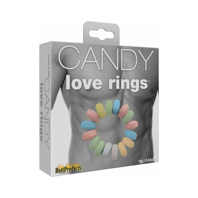 Packaging of Candy Love Rings featuring colorful edible candy rings displayed on a grayscale male torso background.