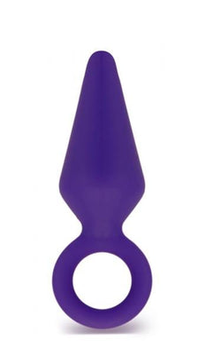 Small indigo silicone anal plug with tapered tip and safety ring for secure, comfortable use.