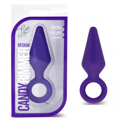 Indigo medium-sized silicone anal plug with tapered design and safety ring, shown in packaging and separately.