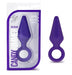 Indigo medium-sized silicone anal plug with tapered design and safety ring, shown in packaging and separately.