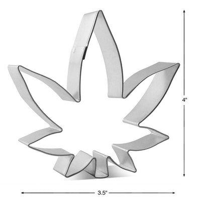 Stainless steel cannabis leaf cookie cutter measuring 4 by 3.5 inches for baking and crafting fun treats.
