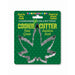 Stainless steel cannabis leaf-shaped cookie cutter on green packaging labeled food grade and perfect for party treats and infused cookies.