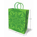 Small green gift bag with glitter cannabis leaf pattern and green woven handles, measuring 10.75 by 7.75 by 4 inches.