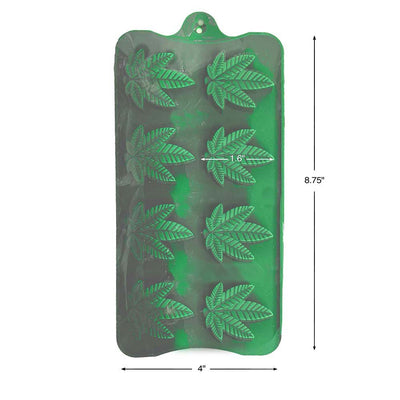Green silicone mold tray with 11 cannabis leaf cavities, measuring 8.75 by 4 inches, for ice, candy, or chocolate making.
