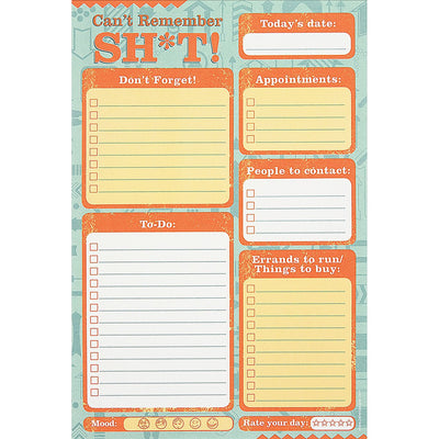 Can't Remember Shit notepad page with sections for date, to-do lists, appointments, contacts, errands, mood, and daily rating in orange and blue design.