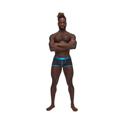 Male model wearing Casanova Uplift Mini Shorts in black with blue trim and waistband, standing with arms crossed.