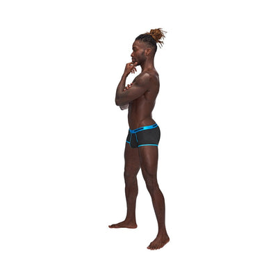 Male model wearing black and blue Casanova Uplift Mini Shorts in XL, standing in profile against white background.