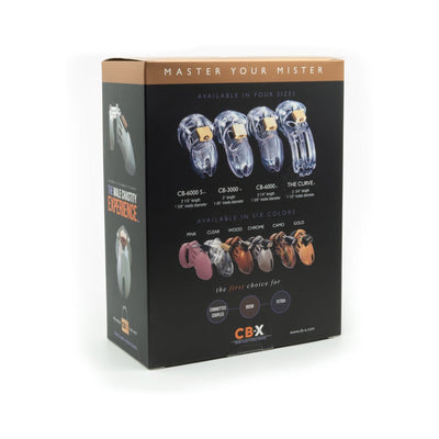 CB-X male chastity device packaging showing four cage models and six color options for secure, adjustable fit.