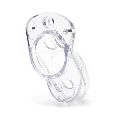 Clear medical-grade polycarbonate male chastity cage with ventilated design and ergonomic shape for comfort and hygiene.