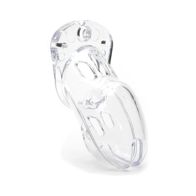 Clear medical-grade polycarbonate male chastity cage with ventilation slots and ergonomic design.