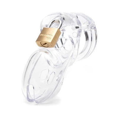 Clear polycarbonate male chastity cage with brass padlock securing the device for discreet wear and control.